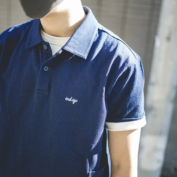 អាវយឺត Maden ជប៉ុនបុរាណ Indigo Lapel Polo សម្រាប់បុរស អាវយឺតដៃខ្លីពណ៌ខៀវ Klein 100% ធ្វើពីកប្បាស 100% សម្រាប់រដូវក្តៅ