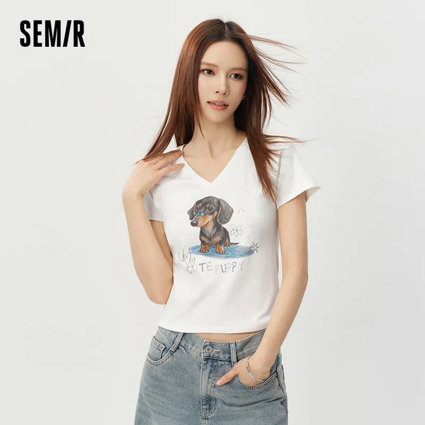 អាវយឺតនារី Semir ឆ្នាំ ២០២៦ ដៃអាវខ្លី Raglan ស្ដើង V ក ឆ្កែ ម៉ូដគួរឲ្យស្រលាញ់ ស្លៀកប្រចាំថ្ងៃធម្មតា