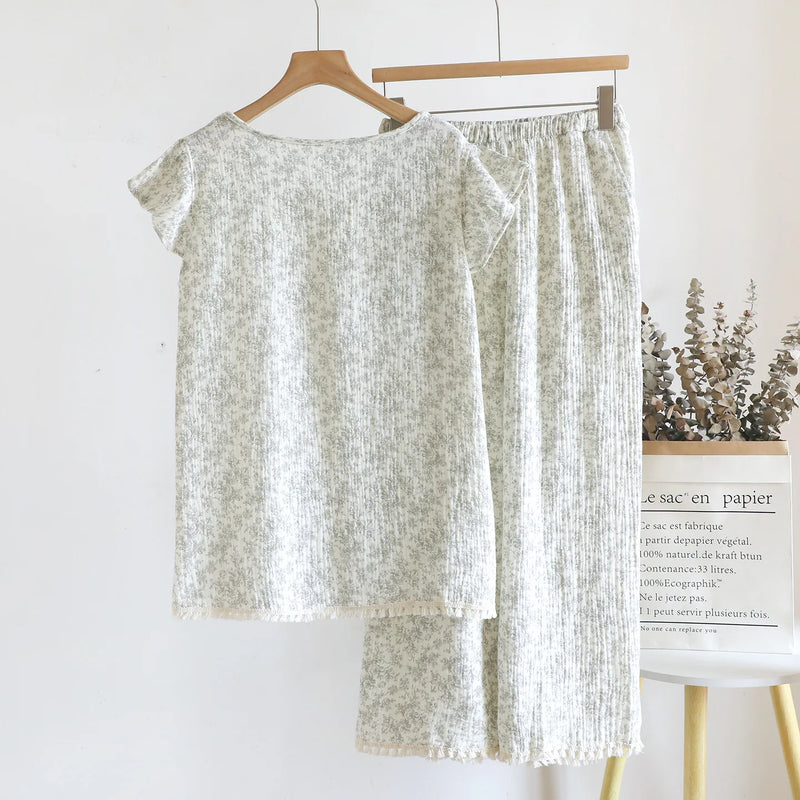 Summer Pajamas for Woman Pyjamas Floral Thin 2PCS Short Sleeve Night Wear for Ladies 100% Cotton Home Suit Women's Sleepwear