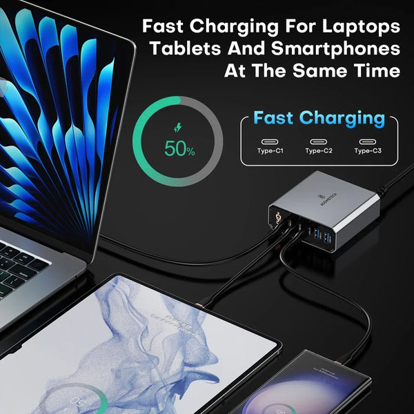 ឆ្នាំងសាក USB GaN 140W 5 រន្ធ ប្រភេទ C PD3.0 QC Quick Charge 4.0 3.0 PPS USB C ឆ្នាំងសាកលឿនសម្រាប់ iPhone 14 13 Samsung Macbook ថេប្លេត