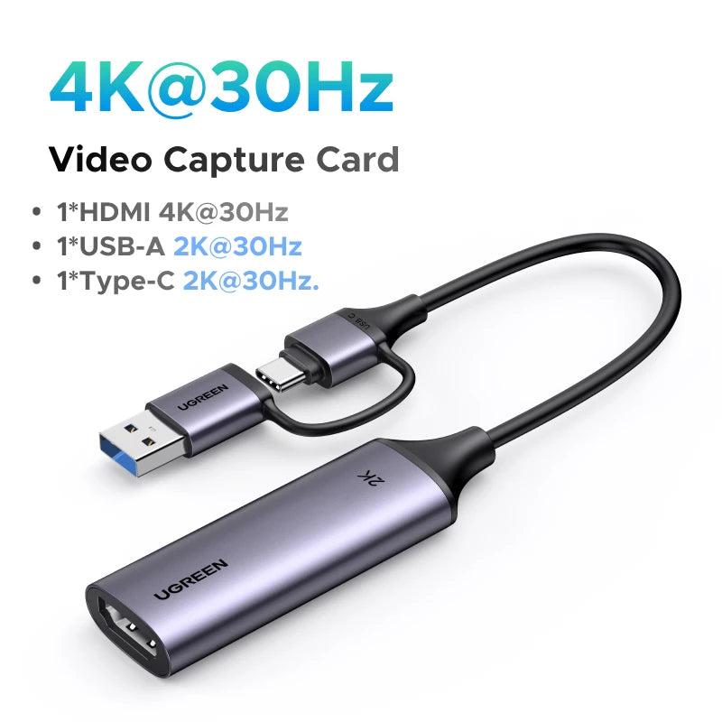 UGREEN HDMI Video Capture Card USB A C 4K 30Hz Input 2K 30Hz Output for PS5 Switch Laptop Streaming Recording Online Class Meeti