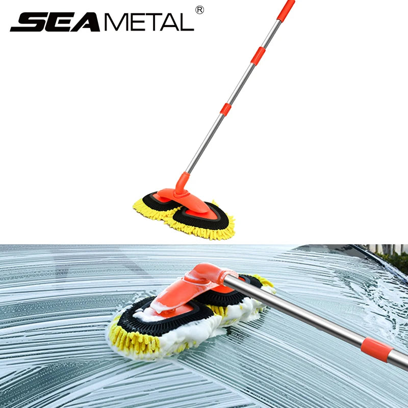 SEAMETAL Upgrade Car Washer Mop Brush 360 Rotatable Double Brush Head 3 Section Telescopic Design for Car Roof Window Cleaning
