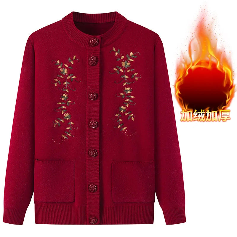 Fdfklak Vintage Print Woolen Shirt Casual Knitted Sweater Women Autumn Winter Velvet Cardigans Coat Middle Aged Mother Tops
