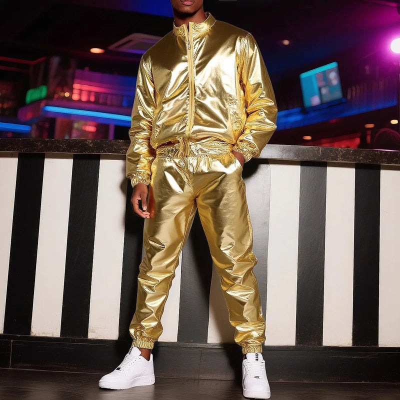 Lightweight Men's Silver Stand-up Collar Jacket Paired with Elastic Waist Pants, Gold Nightclub/Stage Performance Two-Piece Set.