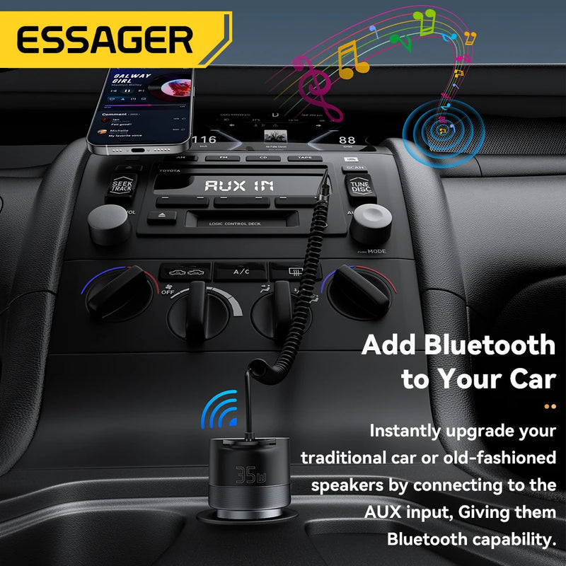 Essager Bluetooth 5.3 Car Charger 3.5mm AUX Adapter PD35W QC30W Car Fast Charger for iPhone 16 15 Pro Huawei Xiaomi Samsung iPad