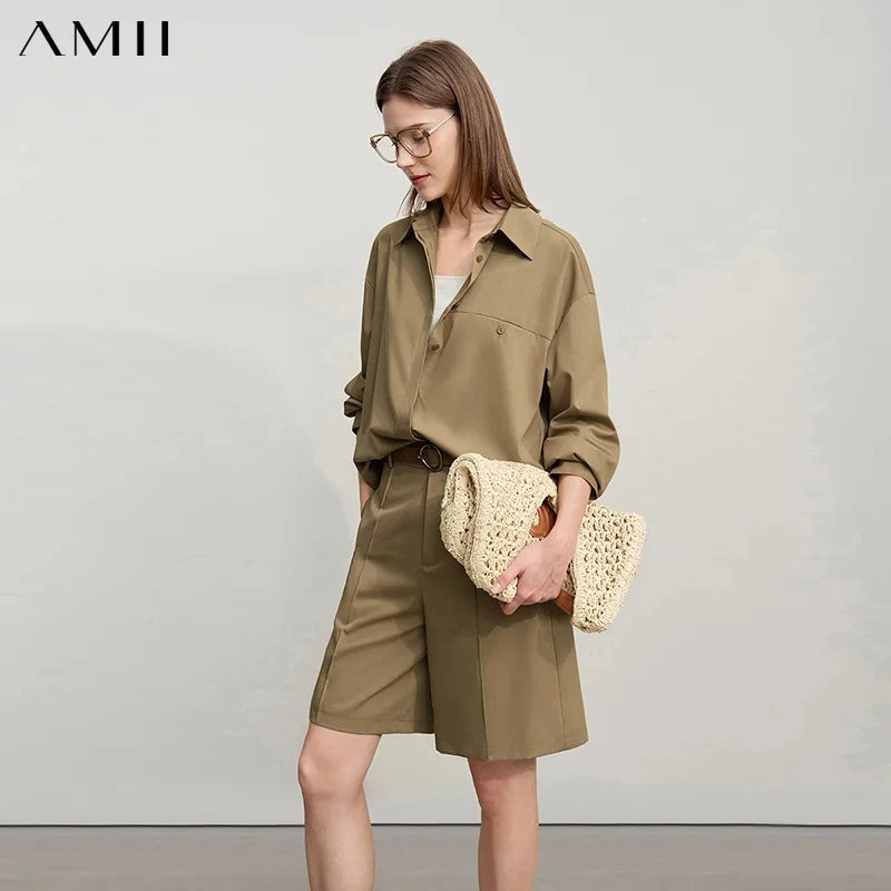 Amii Women's Autumn Casual Shirt 2026 New Lapel Single Breasted Blouse Top Drop Shoulder Sleeve Medium And Long Shirt 12621018