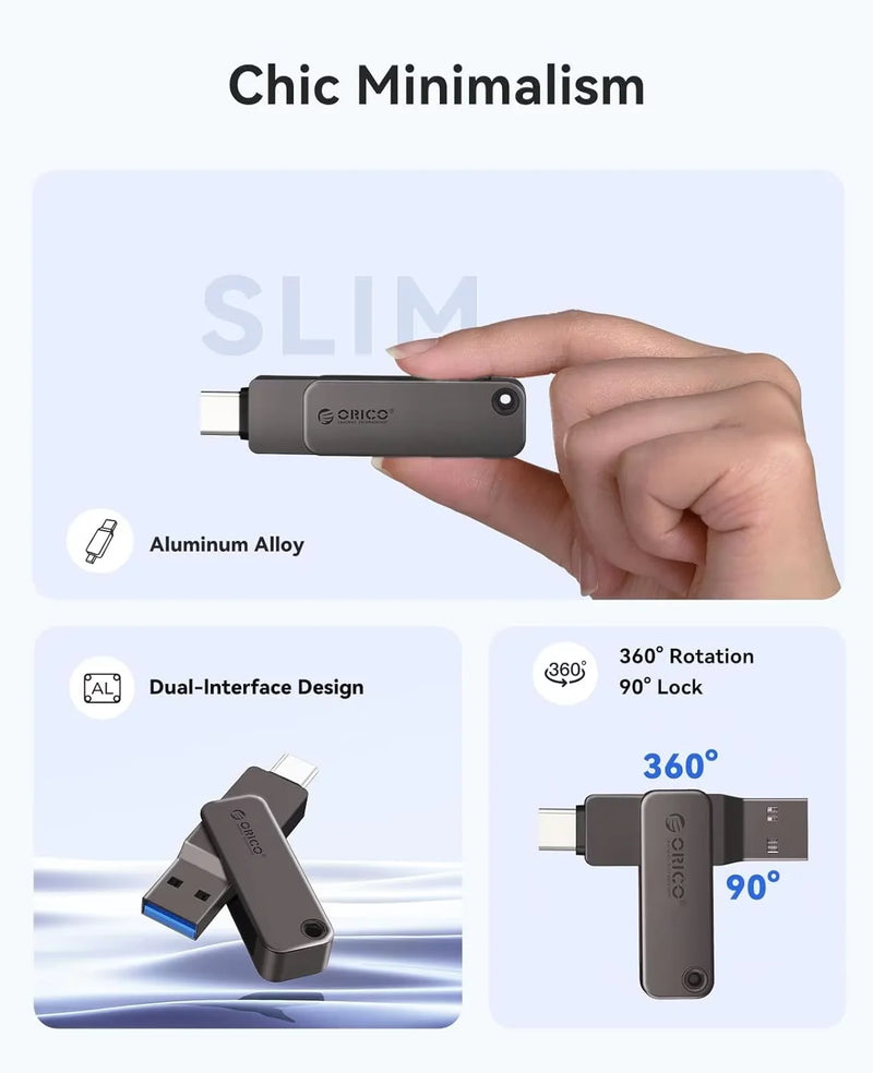 ORICO Dual USB Flash Drive USB-C & USB-A Mini Thumb Drive Read Speed Up to 150MB/s 32 64 128 256GB for iPhone 15/16/17 Series