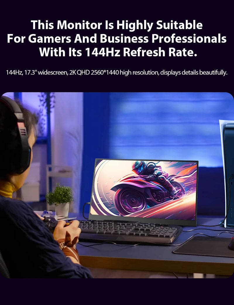 UPERFECT Portable Monitor 17.3 inch 144HZ Refresh Rate 2K Display 105.70% SRGB With Stand Ultra-Slim IPS Screen HDMI And USB-C