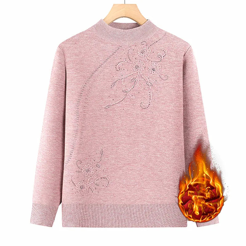 Half Turtleneck Warm Women's Sweater Hot Fleece Velvet Winter Clothes Woman Pullovers Middle Aged Mother Knitwear Basic Jumper