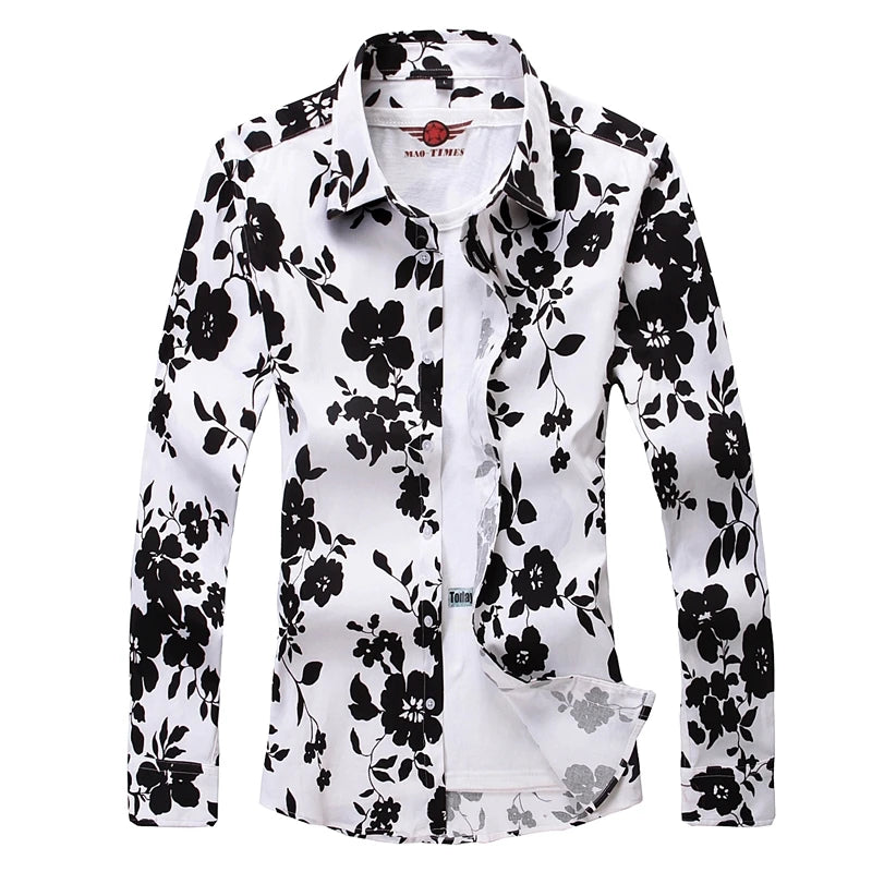 2026 New Men's Black-Red Rose Printed Cotton Shirt, Square Collar Long Sleeve Shirts, White Fashion Tops Camisa/ Chemise
