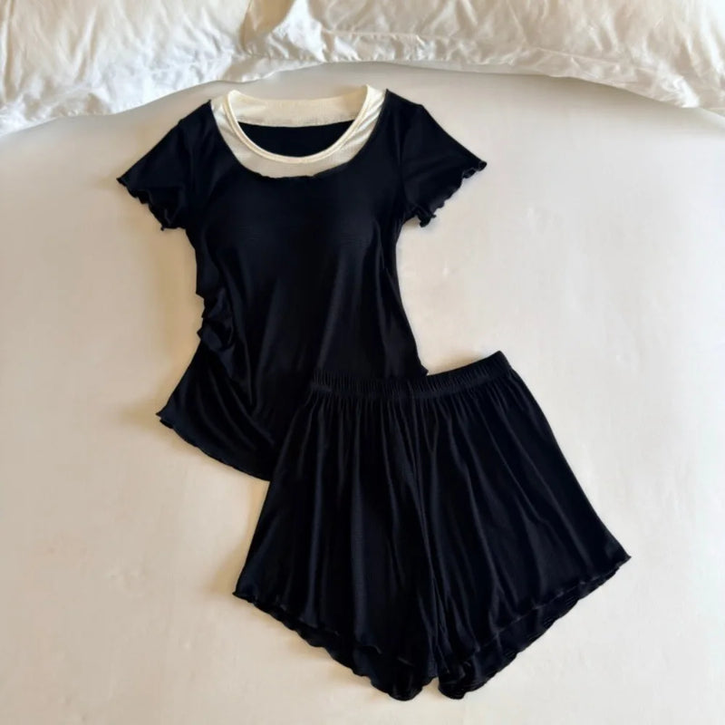 New Women's Summer Pajamas Set Chest Pads Home Clothes Thin Short Sleeve Top Shorts 2 Piece Loungewear Sleepwear Suit Pijama