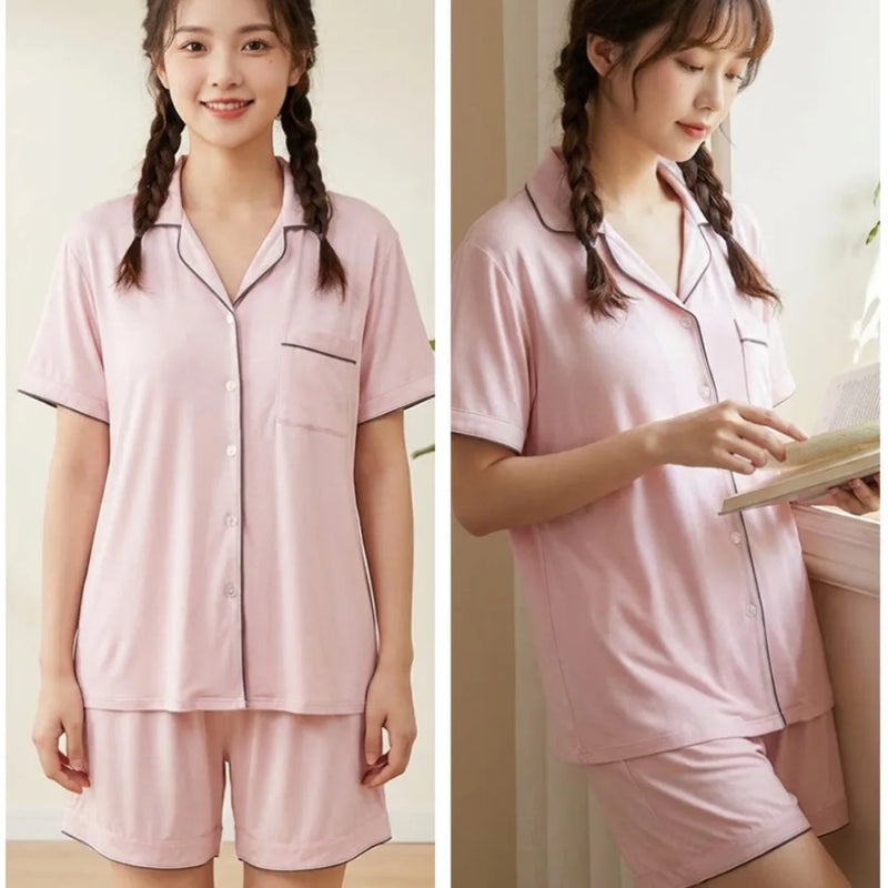 Modal Women's Pajamas Summer New Short-Sleeved Lapel Collar Tops Loungewear Comfortable 2 Pcs Sleepwear Pijama Homewear Set