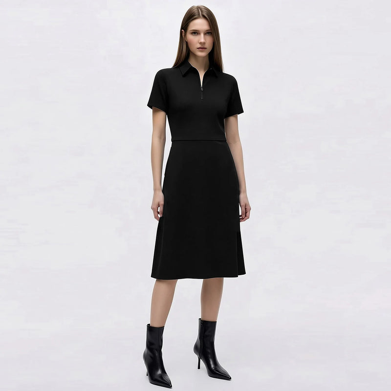 Amii Women's Casual Dresses 2026 Summer New Lapel Zip Half Placket Fitted Waist Office Short Sleeve Midi Dress Women 12642146