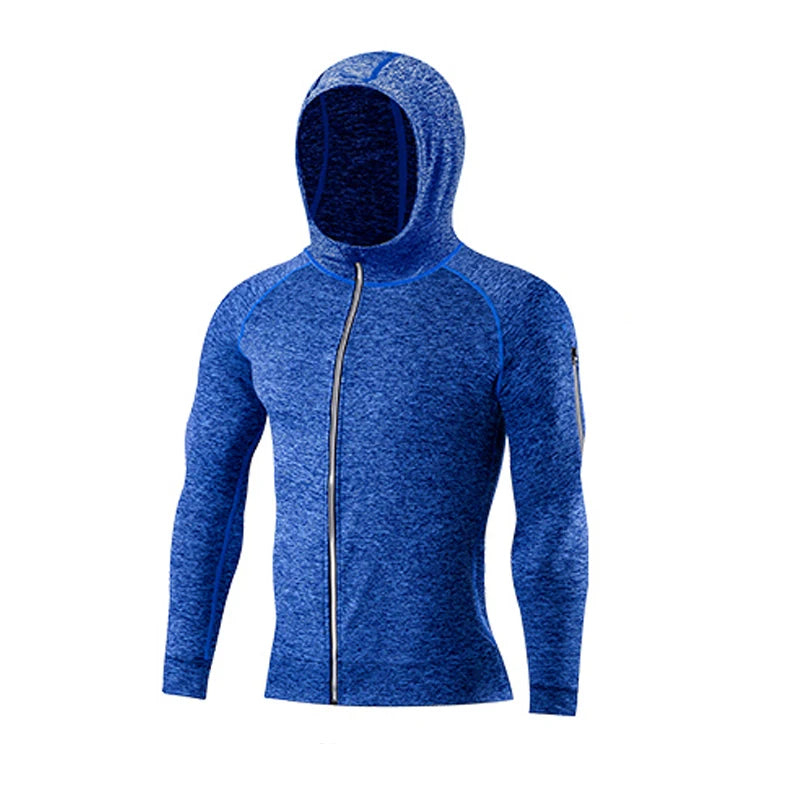 Men's Spring Fall Tight Compression Hooded Jacket Sports Hoodie for Fitness Jogging Running Outdoor Casual Wear, Black Grey Blue