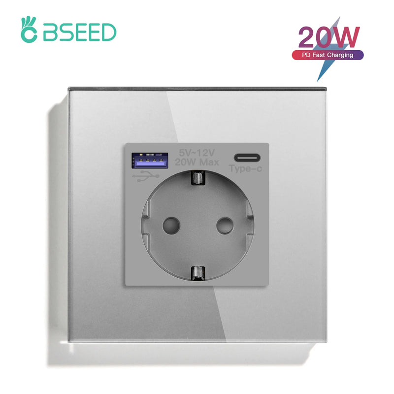 BSEED EU Standard Wall Power Sockets Type-C Interface Outlet USB Fast Charge Port 20W Glass Panel Kids Protection 16A