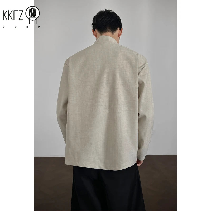 Mens Stand Collar Long Sleeve Top Partial Button Closure Decorative Seam Craft Loose Fit For Office Commute Leisure Outfit