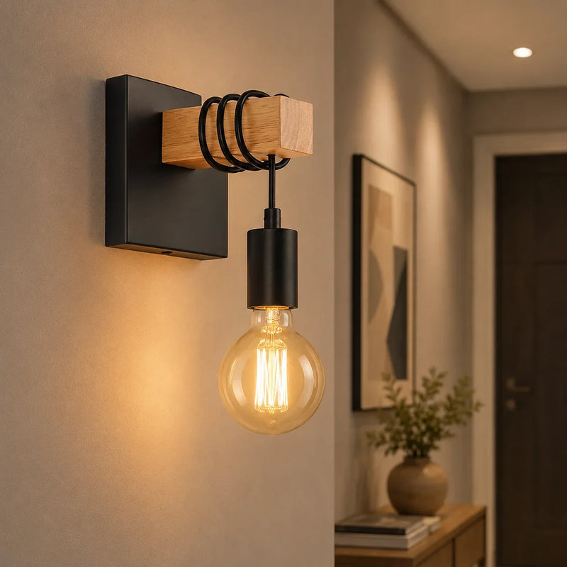 JOYINLED Vintage Wooden Wall Lamp 1/2PCS Rustic E27 Wall Sconce Indoor Lighting Fixture for Living Room Bedroom Stair Hallway