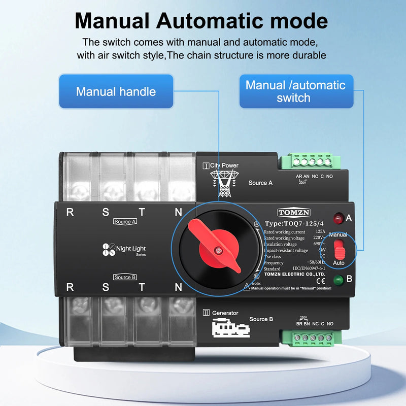 TOMZN Din Rail 2P 3P 4P ATS Dual Power Automatic Transfer Switch Electrical Selector Uninterrupted Power 230V 63A 100A 125A Mini