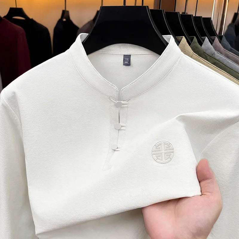 Mens Spring Autumn Henley T Shirt Long Sleeve Mandarin Collar Embossed Logo Breathable Comfort Casual Outfit