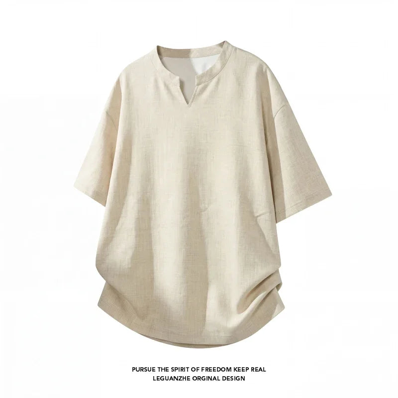 Men V Notch Neck Short Sleeve Linen Shirt Oversized Loose Summer Breathable Casual Streetwear Tops For Daily Commute