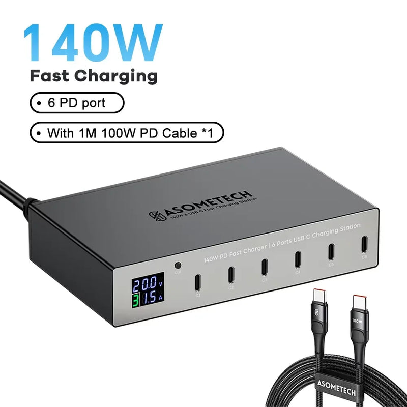ស្ថានីយសាកថ្មលឿន 140W 6 រន្ធ PD ស្ថានីយសាកថ្មលឿន 30W Multi USB-C ជាមួយអេក្រង់ LED សម្រាប់ iPhone 14 13 Pro Max Samsung Xiaomi iPad