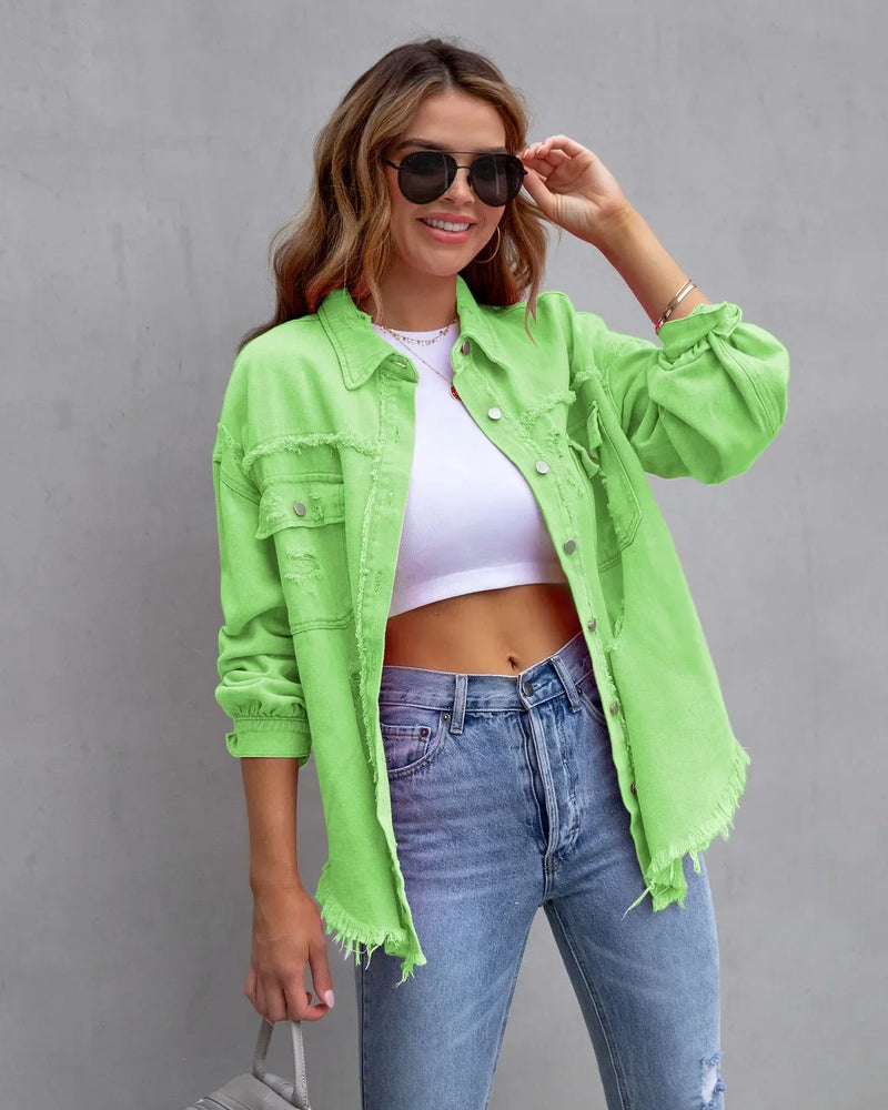 Women's Purple Mid-Length Raw Edge Ripped Denim Jacket, Red Long Sleeve Casual Lapel Coats Top, Green Blue Yellow Gray Optional