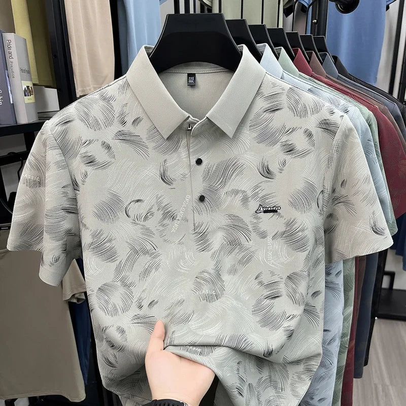 Everyday Wear Abstract Feather Printed Lapel Polo Mens Soft Cloth Casual Dinner And Post work Walking Apparel