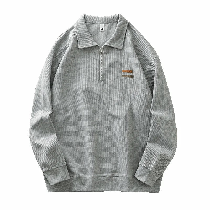 DUKEEN Heavyweight Waffle Knit Quarter-Zip Polo Sweatshirt for Men 2025 Spring Fall New Casual Loose Fit Long Sleeve Pullover