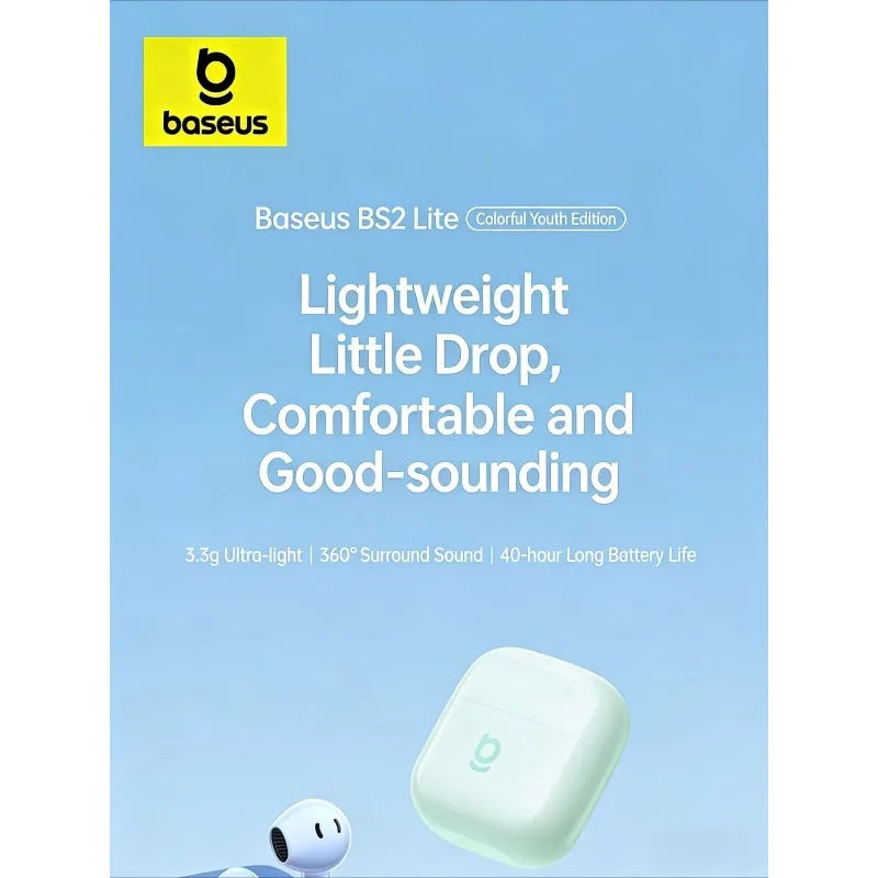 កាសស្តាប់ត្រចៀកប៊្លូធូស BASEUS BS2 Lite ជាមួយសំឡេងព័ទ្ធជុំវិញត្រចៀកឥតខ្សែ និងថាមពលថ្មប្រើប្រាស់បានយូរ ស័ក្តិសមសម្រាប់ Xiaomi និង Apple