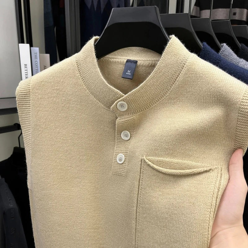 Men's Stand-Up Collar Knitted Vest with Button Front and Patch Pocket Spring and Autumn Pullover Knit Sweater
