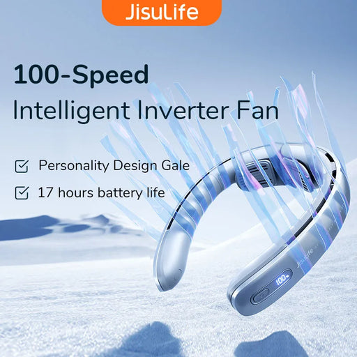 JISULIFE Portable Neck Fan，100 Speed Wind，5000mah Battery，17 Hour Work Time，Mini Electric Neck Fan Usb Rechargeable Neckband Fan