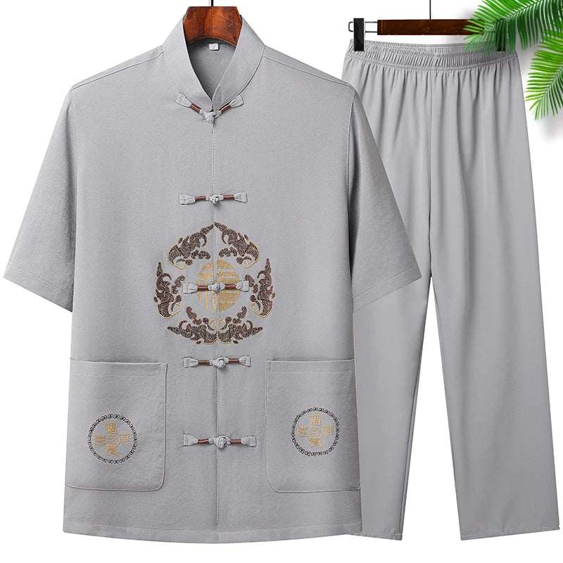 Chinese-style Men's Stand-collar Two-piece Set: A Summer Short-sleeve Shirt Paired with Cropped Pants. Red,Blue,Green,Khaki,Gray