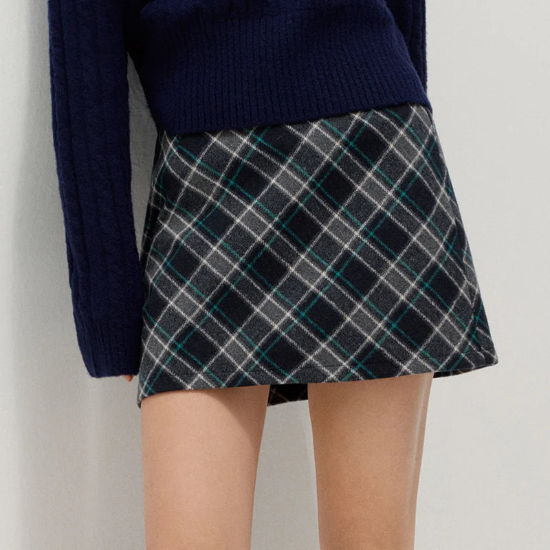 Semir Women Woolen Skirt Partial Elastic Waist Plaid Preppy Style 2026 New Winter Daily Wear Urban Casual Style