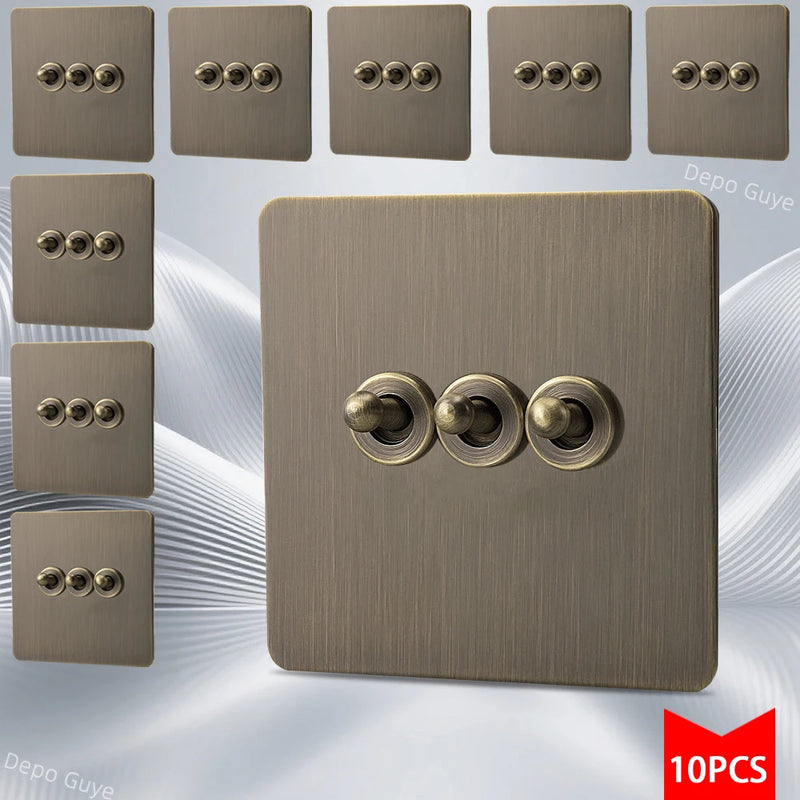 5/10 PCS Retro Eu Metal Wall Toggle Light Switch,1/2/3/4 Gang 2Way Bronzed Antique Stainless Steel Wall Panel Switch