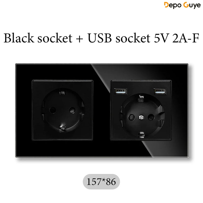 European Standard 4 Gang Wall Power Socket 16A Glass Panel with Three USB Type-C Ports White Black Industrial Home Hotel