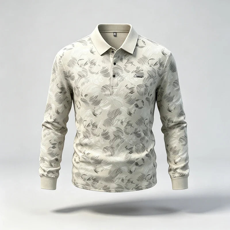 Mens Turn Collar Polo Long Sleeve Tops Premium Printed Material Button Closure Small Logo Decoration Male Clothing