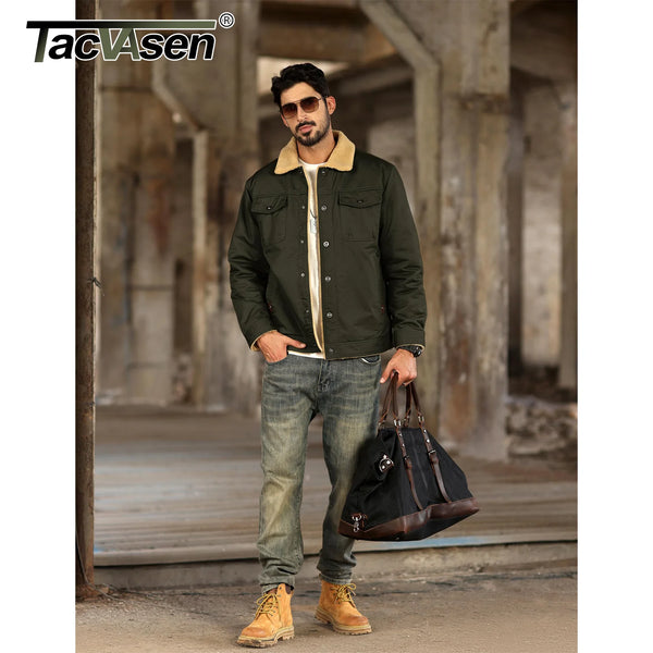 TACVASEN Turn-down Collar Winter Cotton Jackets Mens Sherpa Fleece Trucker Parka Green Work Cargo Coats Clothes Overcoats