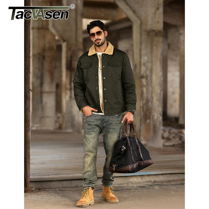 TACVASEN Turn-down Collar Winter Cotton Jackets Mens Sherpa Fleece Trucker Parka Green Work Cargo Coats Clothes Overcoats