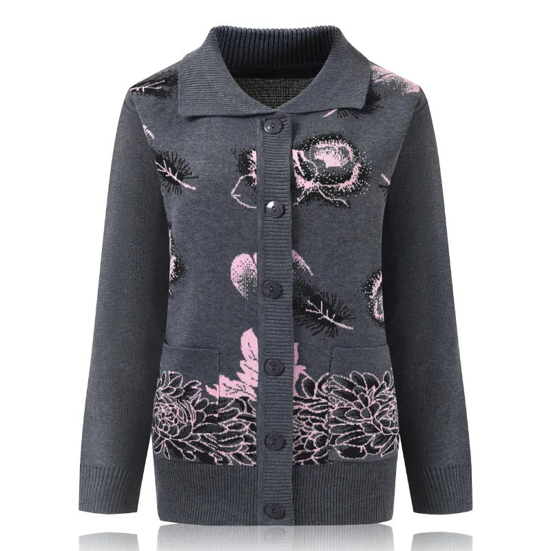Fdfklak Middle-Aged Elderly Women Knitted Lapel Cardigans Mother Printed Buttons Sweater Spring Autumn Grandma's Clothes