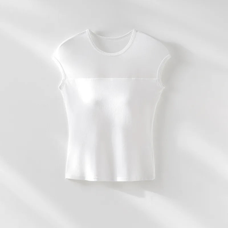 Mesh Splicing Fixed Breast Pad T-shirt for Women's Summer Slim Short-sleeved Bra Sleepwear Top One Piece Nightwear Pajamas