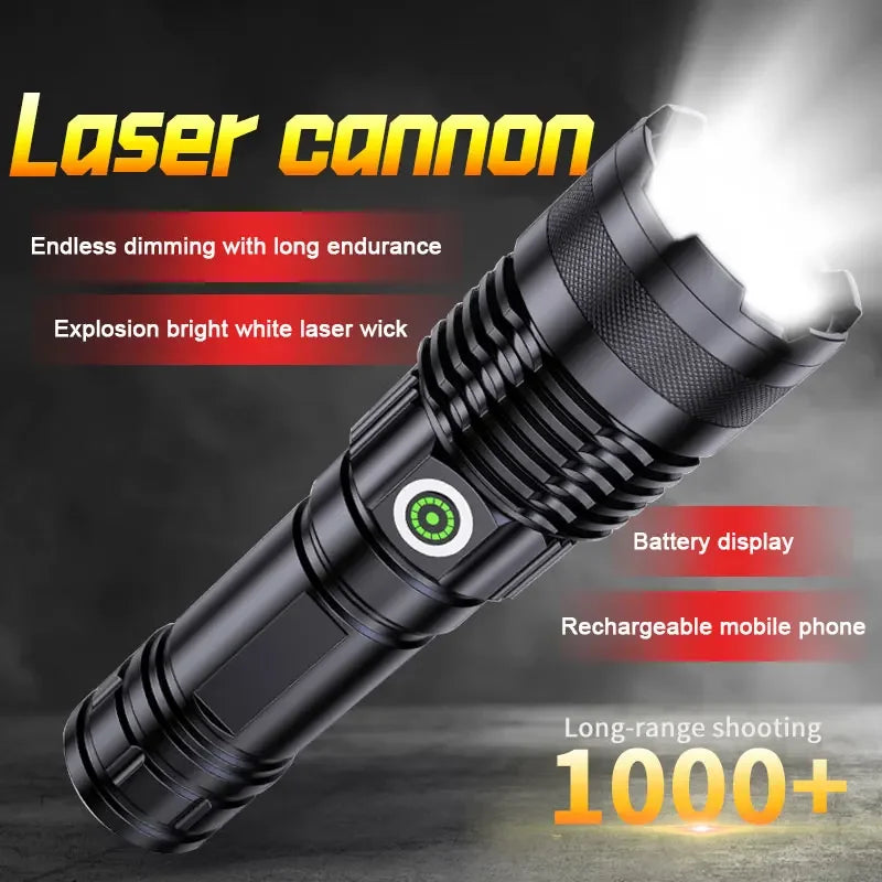 ពិលឡាស៊ែរ LED អាចសាកបាន កែវពង្រីកពង្រីក ពិលយុទ្ធសាស្ត្រ ភ្លឺខ្លាំង សម្រាប់បោះតង់ ឡើងភ្នំ សង្គ្រោះបន្ទាន់ ភ្លើងពិលកាន់ដៃ