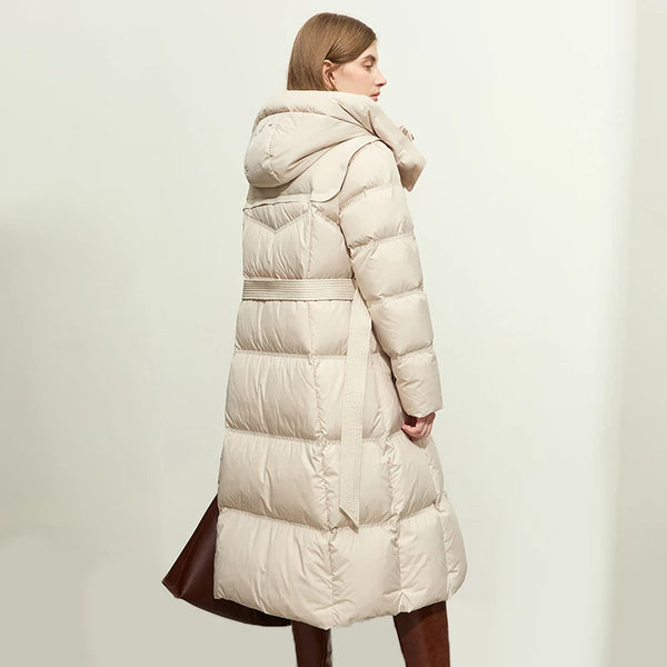 AMII Hooded Down Coats 2026 Winter New Warm With Belt Puff Duck Jacket Women Turtleneck Solid Versatile Slim Long Coat 12524003