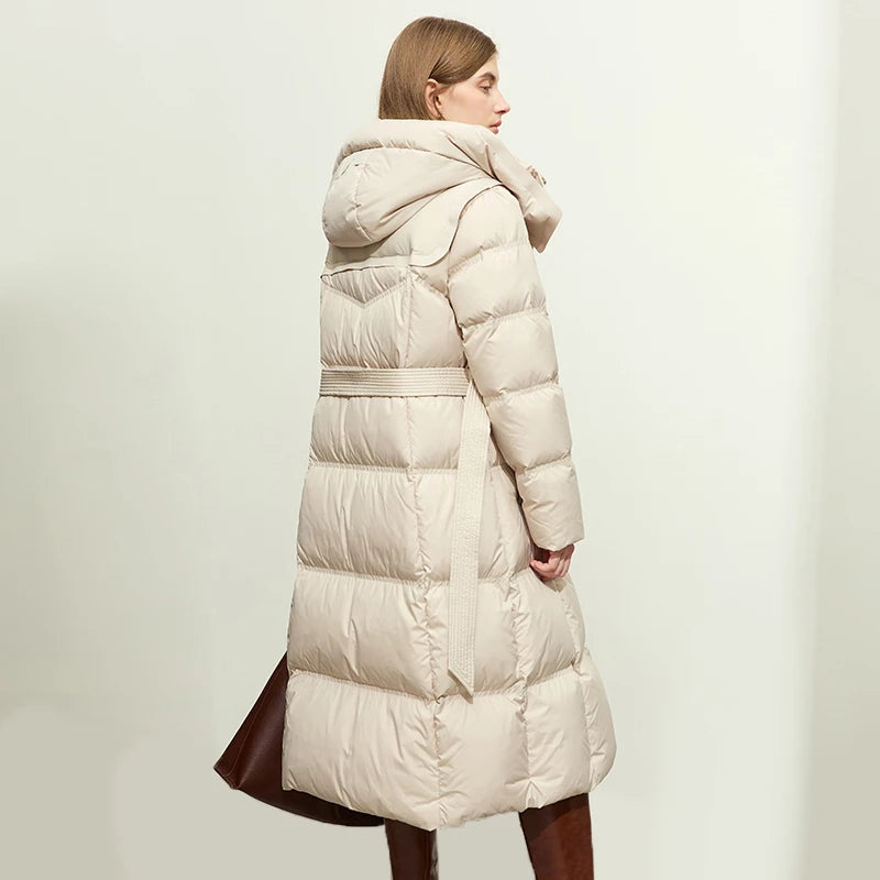 AMII Hooded Down Coats 2026 Winter New Warm With Belt Puff Duck Jacket Women Turtleneck Solid Versatile Slim Long Coat 12524003