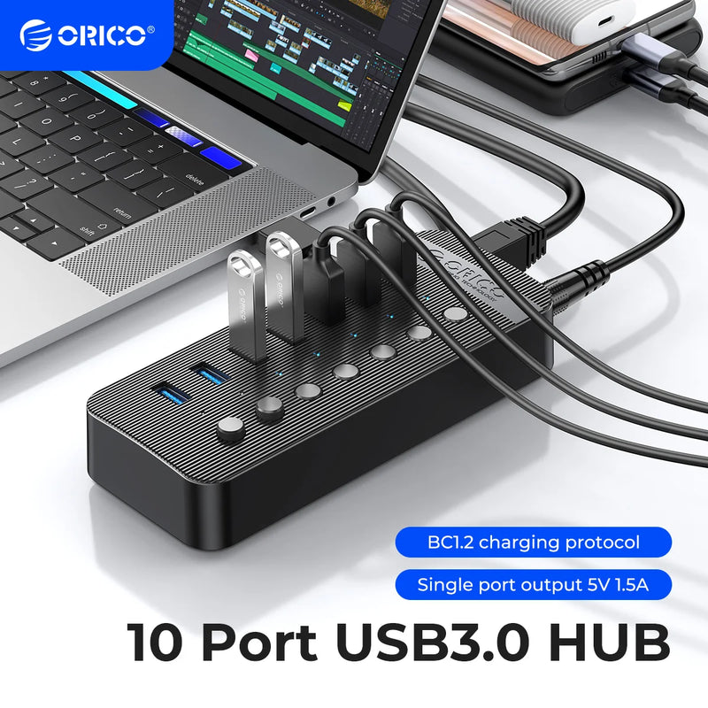 ORICO Industrial USB 3.0 HUB 7/10/13/16 ABS USB OTG Splitter On/Off Switch With 12V Power Adapter Support Charger For Computer