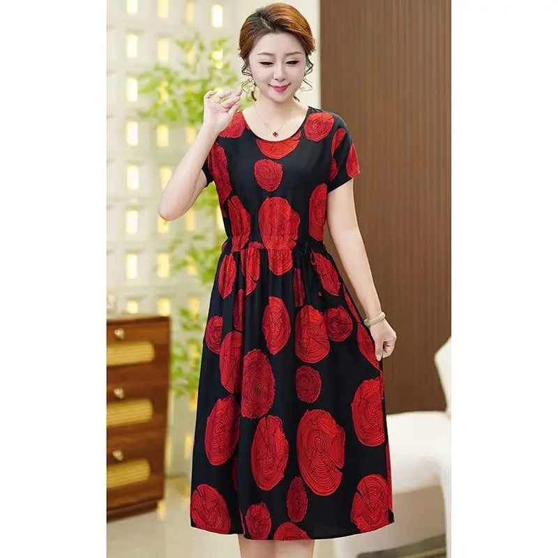 New Middle-aged Elderly Mothers Sleepwear Summer Cotton Dress Large Size Short-sleeved Ethnic Style Print Women's Nightgowns