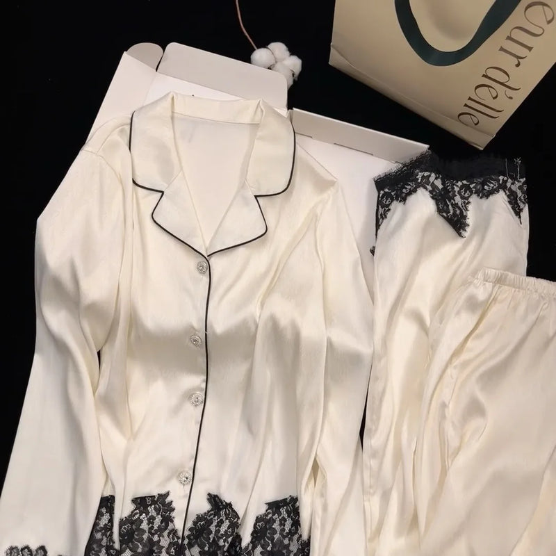 Spring Autumn Ice Silk Women's Sleepwear Pajama Set Long Sleeve Buttons Lapel Top with Elastic Pants Nightwear 2 Piece Nighty