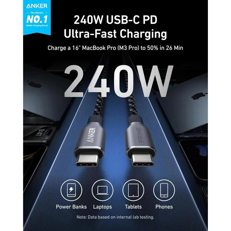 ខ្សែ Anker Prime USB C ទៅ USB C, ខ្សែ USB C សាកលឿន 240W ប្រវែង 6 ហ្វីត ធ្វើពីនីឡុងកែច្នៃ មានភាពធន់ពត់បាន 100 ឆ្នាំ
