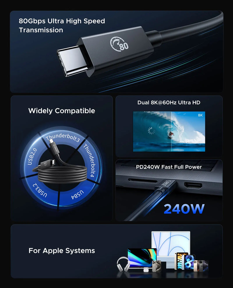 ORICO 80Gbps Thunderbolt 5 Compatible Cable USB-C 2m 80Gbps~120Gbps 240W 16K for MacBook Pro 16/14 M4 Mac mini M4 Pro PSSD PS5
