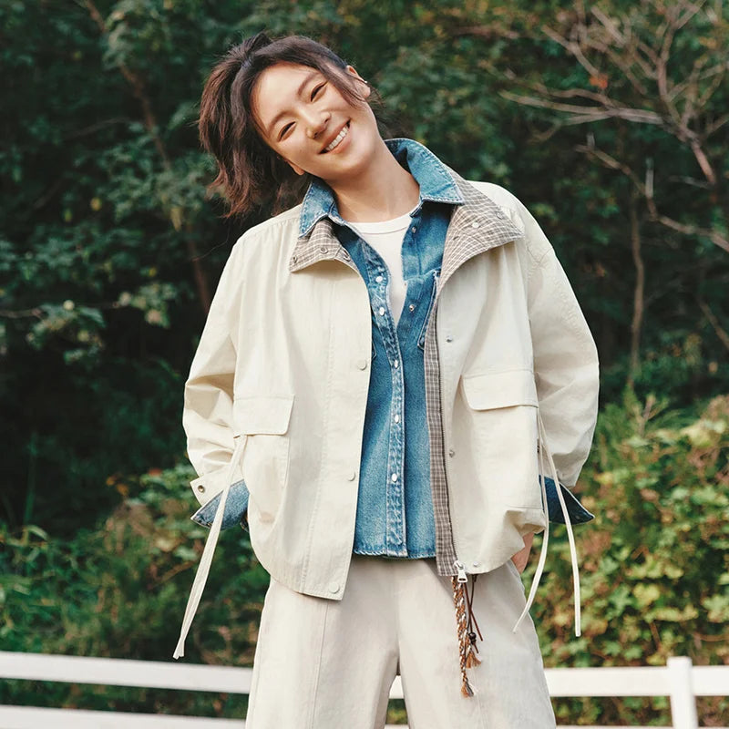 Semir Retro Jacket Women 2026 Spring Plaid Spliced Oversize Bud Shape Casual Relaxed Fit Stylish Loose Outerwear