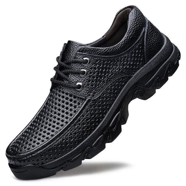 Men Hollow Genuine Leather Shoes Sturdy Thick Hard Rubber Outsole Breathable Work Shoes Non‑Slip Outdoor Walking Plus Size